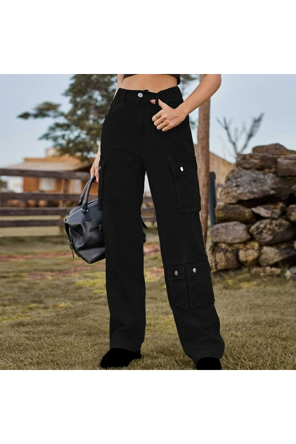 Womens Cargo Jean Pant,Wide Leg High Waisted Stretchy Baggy Denim With Pockets Black,Womens Plus M