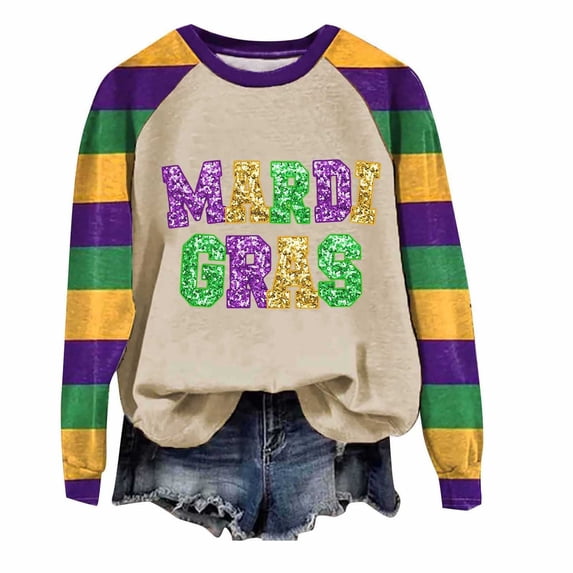 ClodeEU Womens Carnival Print Raglan Long Sleeve Sweatshirt,Crewneck Casual Pullover Khaki,Womens Plus S