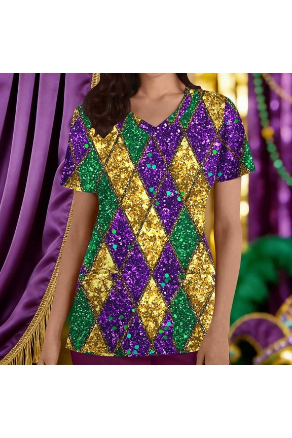 Womens Carnival Print V-Neck Short Sleeve Pocket Scrub Top Gold,Womens Plus XXL