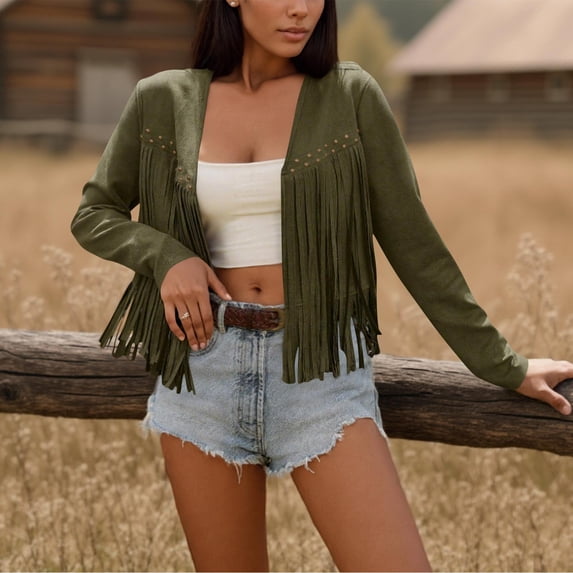 ClodeEU Womens Casual Coats, Faux Leather Jacket, Fringe Cropped Tops Army Green,Womens Plus L