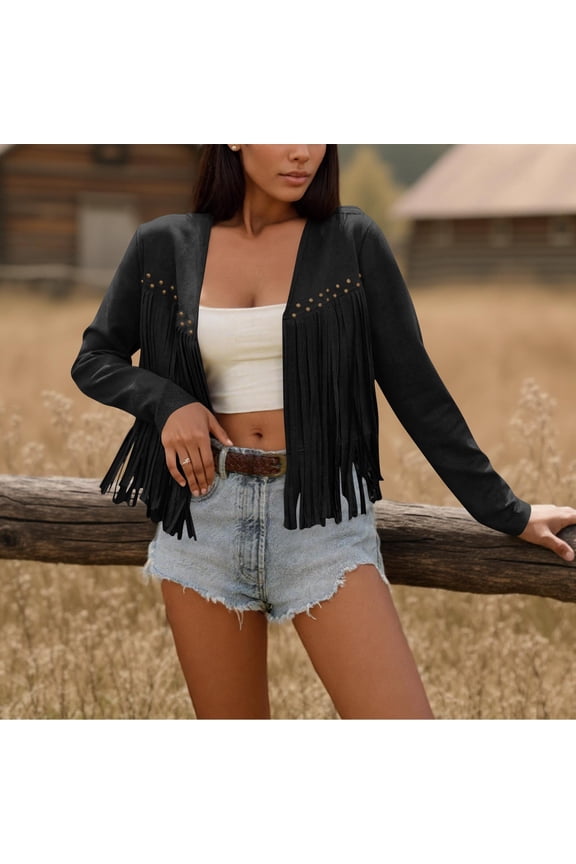 Womens Casual Coats, Faux Leather Jacket, Fringe Cropped Tops Black,Womens Plus L