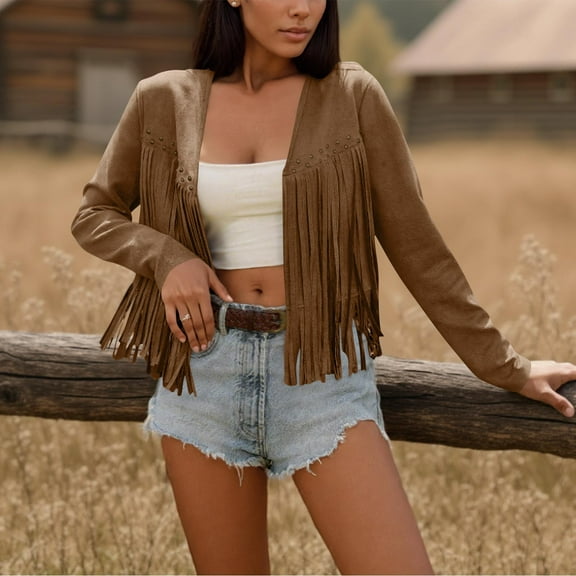 ClodeEU Womens Casual Coats， Faux Leather Jacket， Fringe Cropped Tops Brown,Womens Plus M