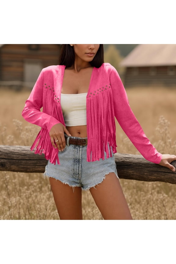 Womens Casual Coats, Faux Leather Jacket, Fringe Cropped Tops Hot Pink,Womens Plus M