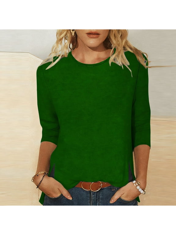 Womens Casual Lightweight 3/4 Sleeve Crewneck T Shirts Tops,Loose Fit Tunic Pullover Green,Womens Plus M