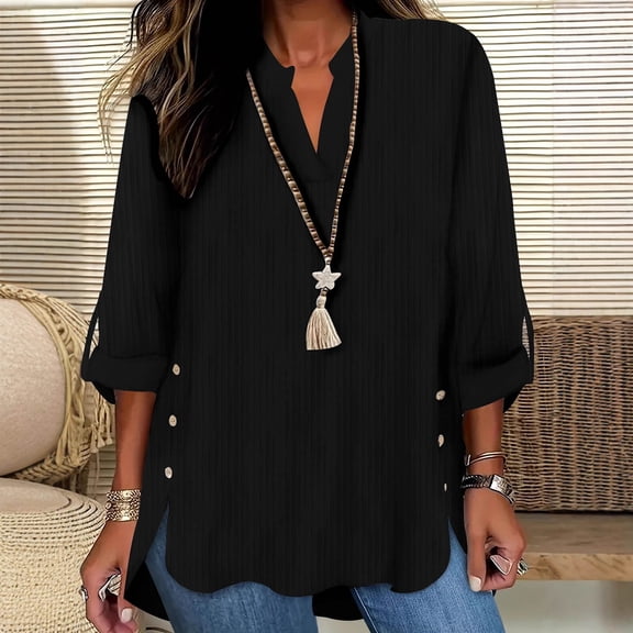 ClodeEU Womens Casual V Neck Shirts,Long Sleeves Blouses,Loose Solid Work Tops Black,Womens Plus XXL