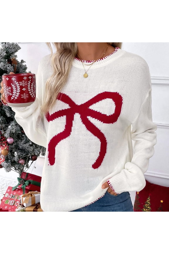 ClodeEU Womens Christmas Cute Bow Long Sleeve Sweaters,Loose Crewneck Knit Pullover Beige,Womens Plus M