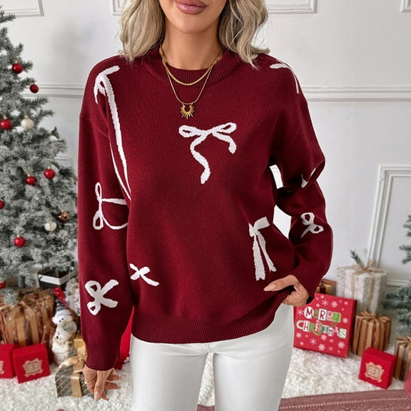 ClodeEU Womens Christmas Cute Bow Long Sleeve Sweaters,Loose Crewneck Knit Pullover Wine,Womens Plus L