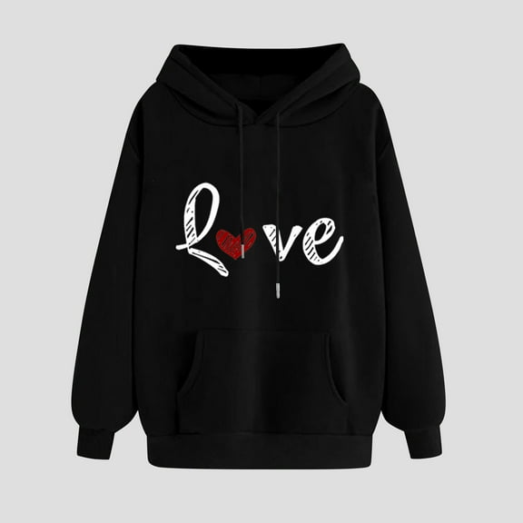 ClodeEU Womens Classic Heart-Print Hooded ,Long-Sleeve Loose Sweatshirt with Pockets Black,Womens Plus L