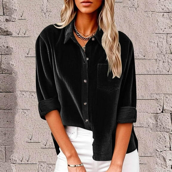 ClodeEU Womens Corduroy Button Down Shirts,Long Sleeve Lapel Blouse,Trendly Fall Shackets Tops Black,Womens Plus L