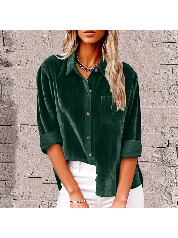 Womens Corduroy Button Down Shirts,Long Sleeve Lapel Blouse,Trendly Fall Shackets Tops Green,Womens Plus XL