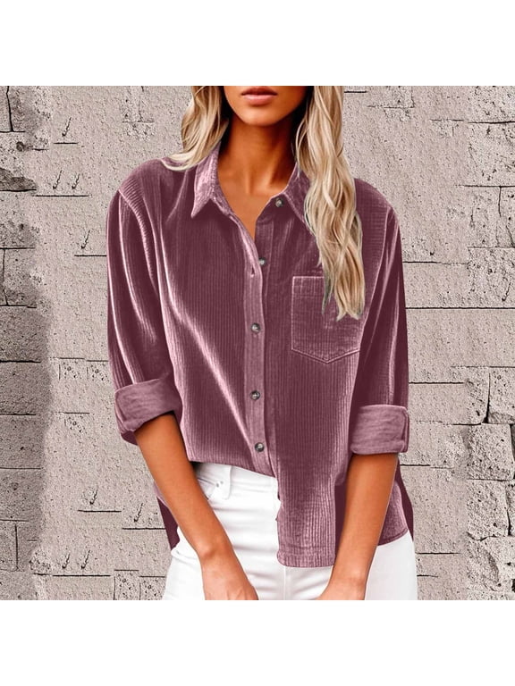 Womens Corduroy Button Down Shirts,Long Sleeve Lapel Blouse,Trendly Fall Shackets Tops Pink,Womens Plus L