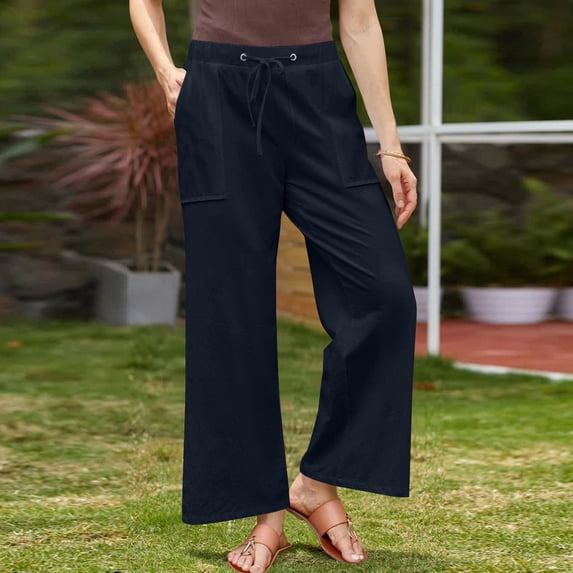 ClodeEU Womens Cotton Cropped Pants,Loose Fit Wide Leg Capri Pant,Casual Plus Size Elastic Waist Trousers Navy^,Womens Plus M