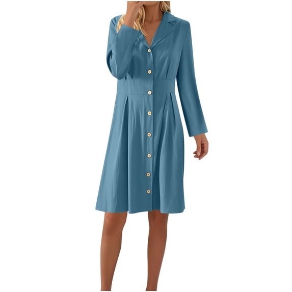 ClodeEU Womens Cotton Line V Neck Long Sleeve Button Shirt Dress, Fall Mid Long Loose Dresses Blue,Womens Plus L