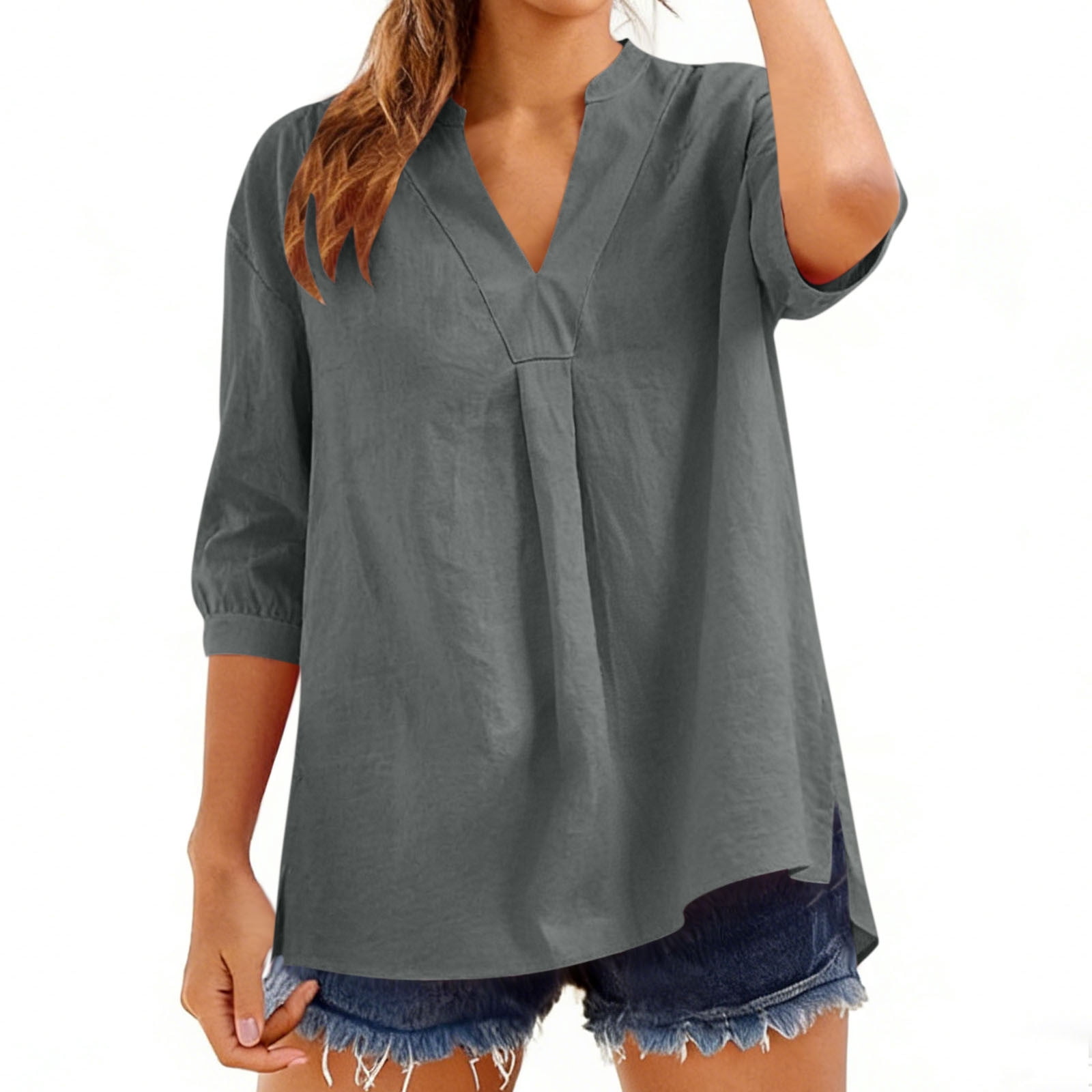 ClodeEU Womens Cotton Linen 3/4 Sleeve V Neck Shirts,Dressy Casual ...
