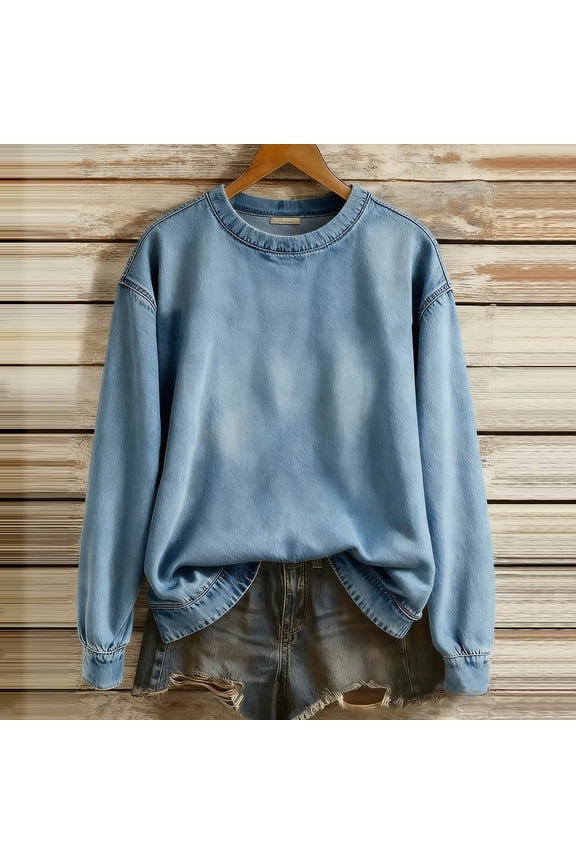 Womens Crew Neck Casual Long Sleeve Denim Sweatshirts , Cute Pullover Relaxed Fit Tops Light Blue,Womens Plus L