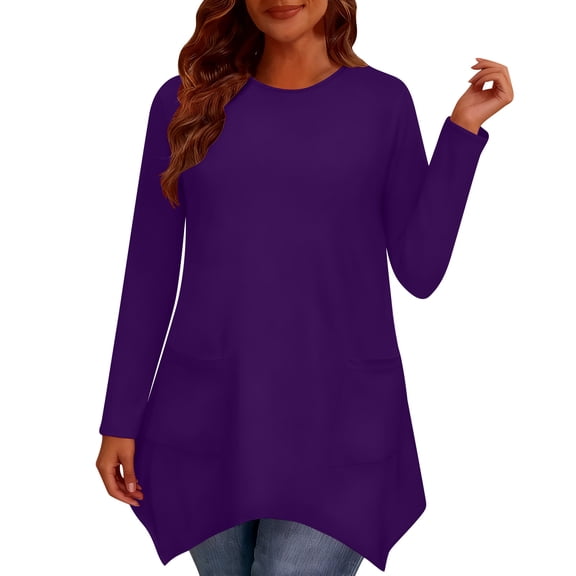 ClodeEU Womens Crew Neck Long Sleeve Tunic Tops, Loose Fit Swing Flowy Clothes Blouse Purple,Womens Plus XXXXL