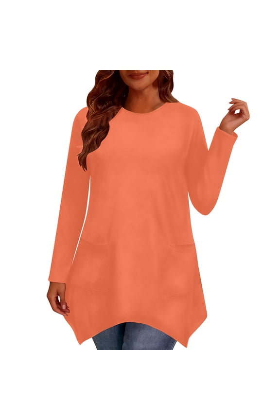 Womens Crew Neck Long Sleeve Tunic Tops, Loose Fit Swing Flowy Clothes Blouse Watermelon Red,Womens Plus XL