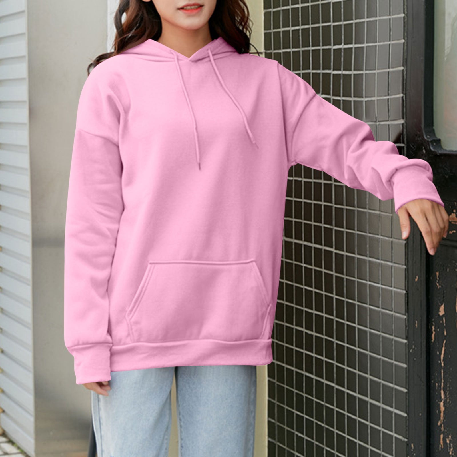 WIHOLL Womens Oversized Sweatshirts - Pink Crewneck Long Sleeve Top With Pocket