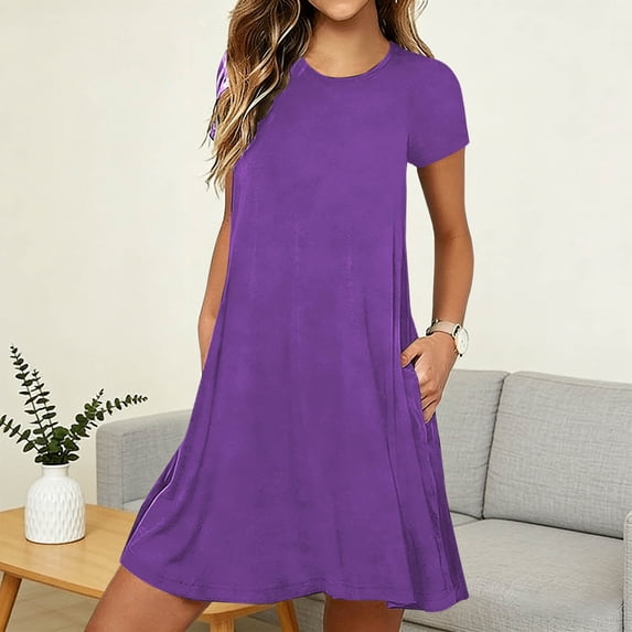 ClodeEU Womens Crewneck Short Sleeve Dresses ,Casual A-Line Spring Loose Tshirt Dress with Pocket B-Purple,Womens Plus XL