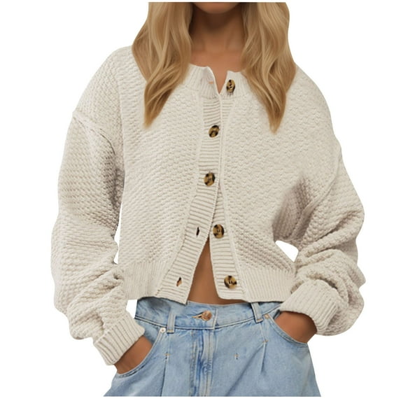 ClodeEU Womens Cropped Button Up Cardigans ,Trendy Open Front Chunky Knit Sweater , Long Sleeve Fall Sweater Clothes Beige,Womens Plus XL