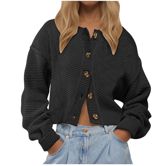 ClodeEU Womens Cropped Button Up Cardigans ,Trendy Open Front Chunky Knit Sweater , Long Sleeve Fall Sweater Clothes Black,Womens Plus L