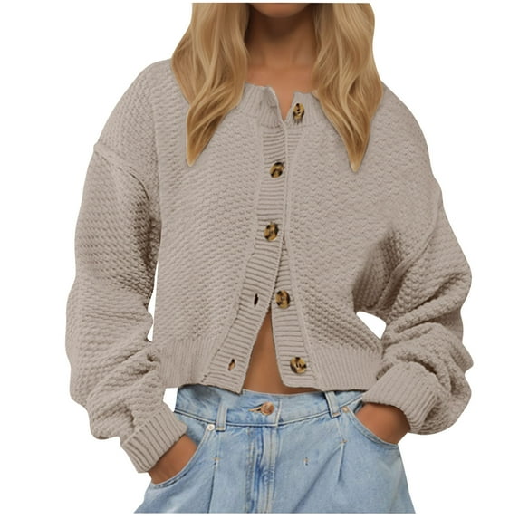 ClodeEU Womens Cropped Button Up Cardigans ,Trendy Open Front Chunky Knit Sweater , Long Sleeve Fall Sweater Clothes Coffee,Womens Plus L