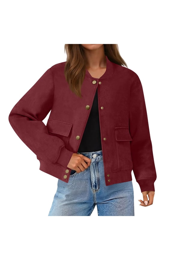 Womens Cropped Faux Suede Jacket ,Long Sleeve Snap Button Trendy Outerwear Coats Red,Womens Plus S