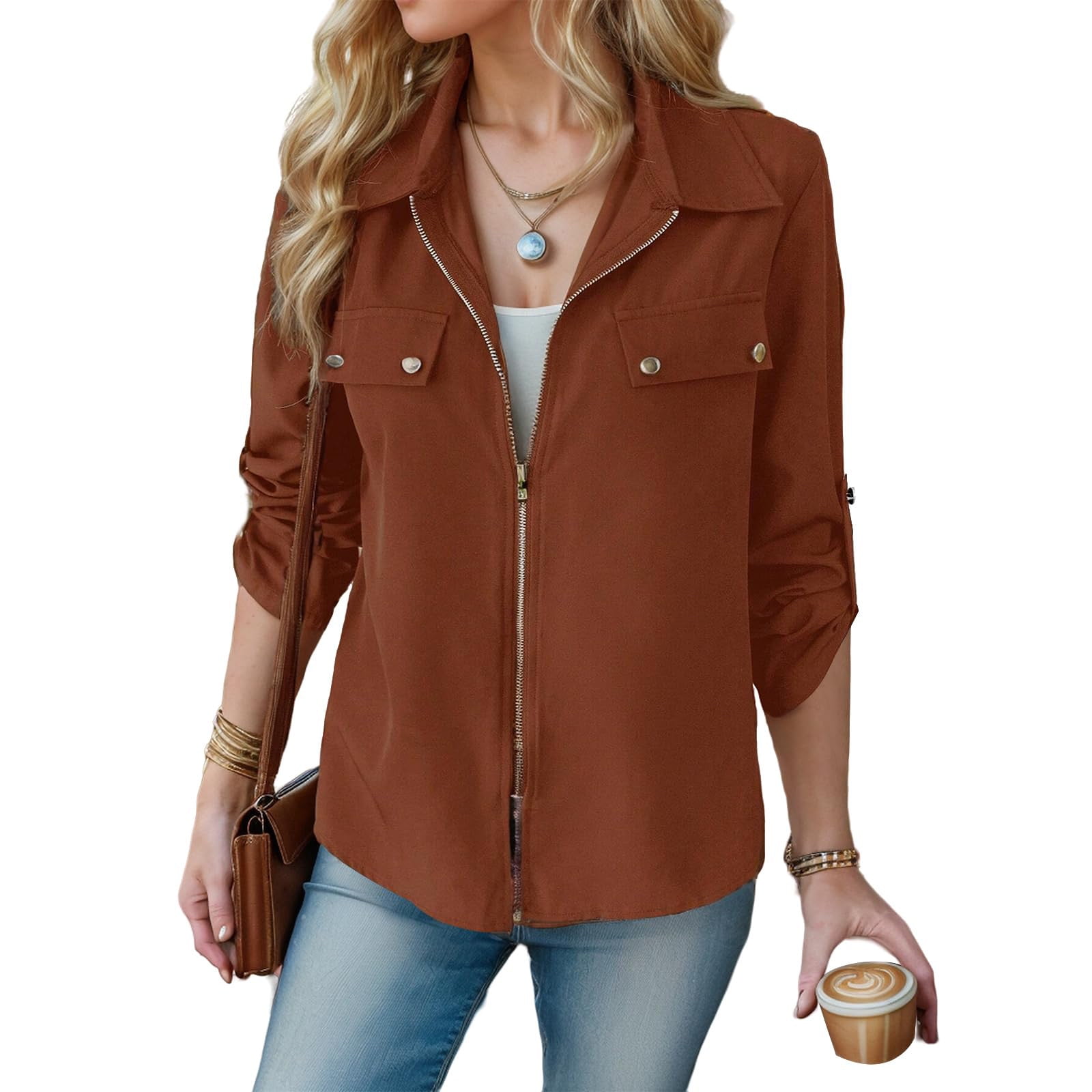 Women's Brown Utility Zip-Up Bomber Jacket with Toggled Hem