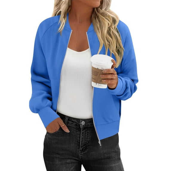 ClodeEU Womens Cropped Zip Up Sweatshirts With Pockets,Long Sleeve Lightweight Casual Bomber Jacket Blue,Womens Plus L