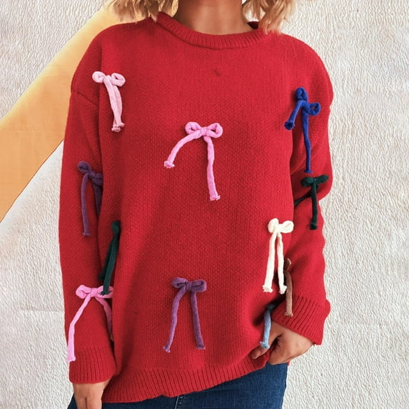 ClodeEU Womens Cute Bow Sweater ,Crew Neck Long Sleeve Drop Shoulder Loose Pullover Tops Red,Womens Plus S