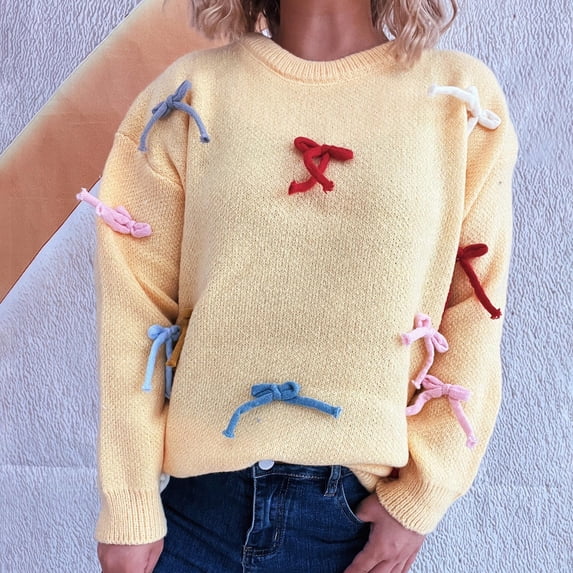 ClodeEU Womens Cute Bow Sweater ,Crew Neck Long Sleeve Drop Shoulder Loose Pullover Tops Yellow,Womens Plus M