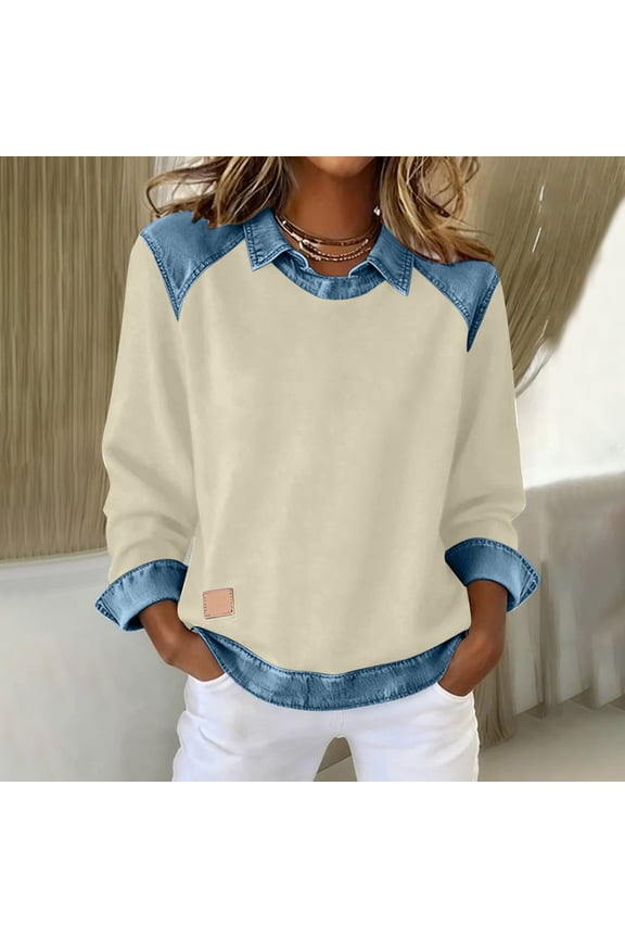 Womens Denim Panel Knit Sweatshirt ,Long Sleeve Lapel Casual Loose Pullover Tops Khaki,Womens Plus S