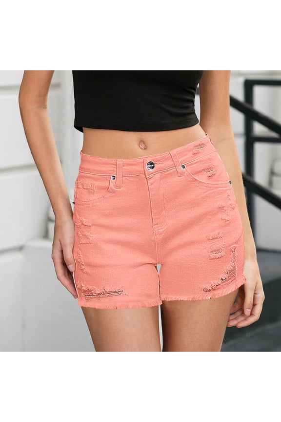 Womens Distressed Frayed Hem Denim Shorts, Stretchy Cuffed Hem Jean Shorts Orange,Womens Plus XXL