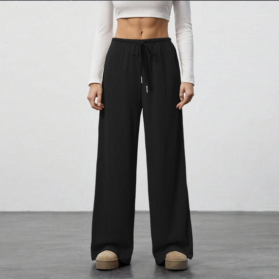 ClodeEU Womens Draped Wide Leg Pants,Drawstring Waist Low Rise Casual Long Trousers Black,Womens Plus M