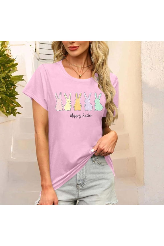 Womens Easter Print Crewneck Short Sleeve T-Shirt ,Casual Loose Holiday Top Pink,Womens Plus L