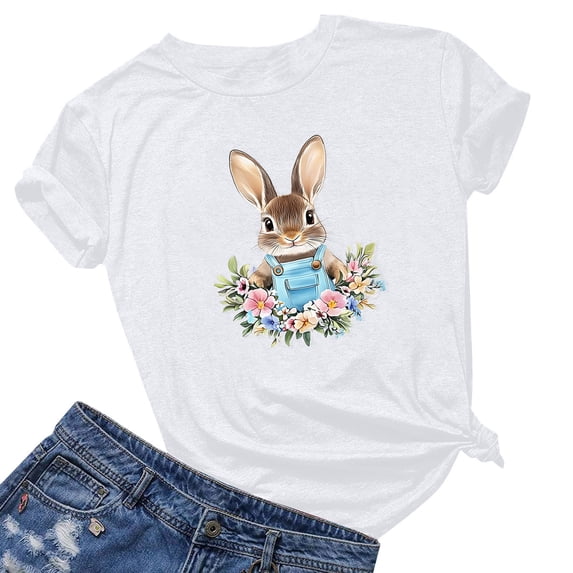 ClodeEU Womens Easter Print Short Sleeve T-Shirt,Short Sleeve Grewneck Trendy Casual Tee White,Womens Plus M