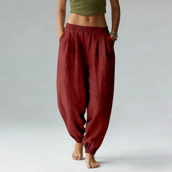 ClodeEU Womens Elastic High Waisted Wide Leg Pants ,Baggy Harem Boho Trousers with Pockets Red,Womens Plus XL