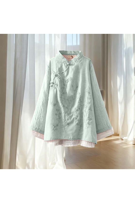 Womens Embroidered Mandarin Collar Fall Blouse,Casual Loose Fashion Top Green,Womens Plus XXL