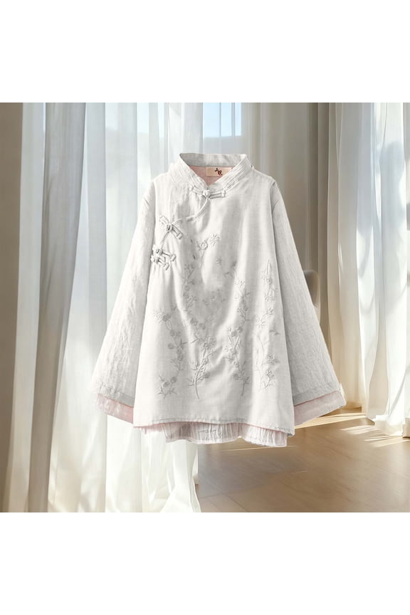 Womens Embroidered Mandarin Collar Fall Blouse,Casual Loose Fashion Top White,Womens Plus XXL