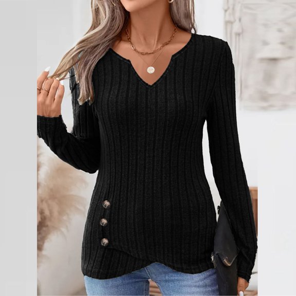 ClodeEU Womens Fall Tunic Tops,Long Sleeve V Neck Slim Shirts Sweater With Button Hem Black,Womens Plus XXL