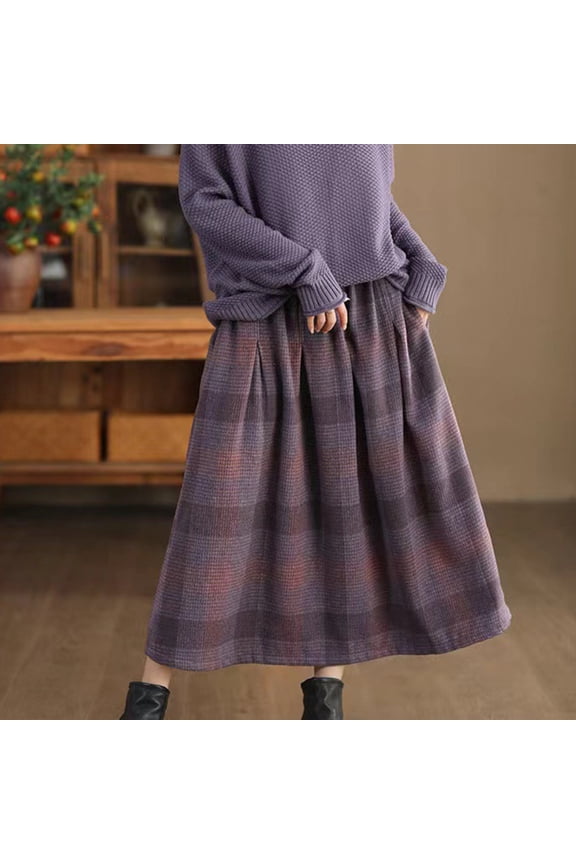 U Womens Fall Winter Warm Plaid Wool Skirt ,High Elastic Waist A Line Pleated Wool Tartan Long Skirts A-Purple,Womens Plus XXL