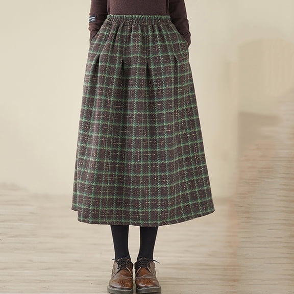 ClodeEU Womens Fall Winter Warm Plaid Wool Skirt ,High Elastic Waist A Line Pleated Wool Tartan Long Skirts C-Green,Womens Plus M