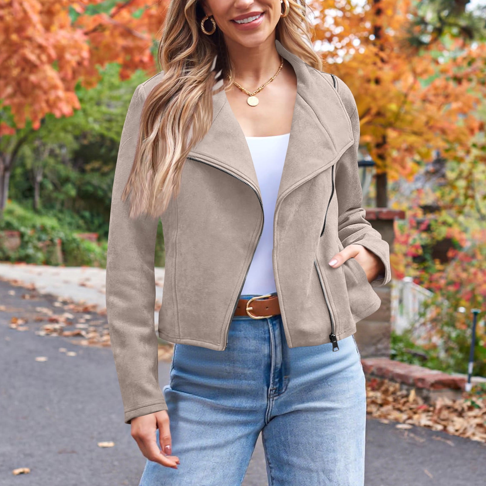 ClodeEU Womens Faux Leather Suede Jackets,Long Sleeve Casual Cropped Zipper Outwear ,Fall Fashion Cropped Coat Outwear Beige,Womens Plus M