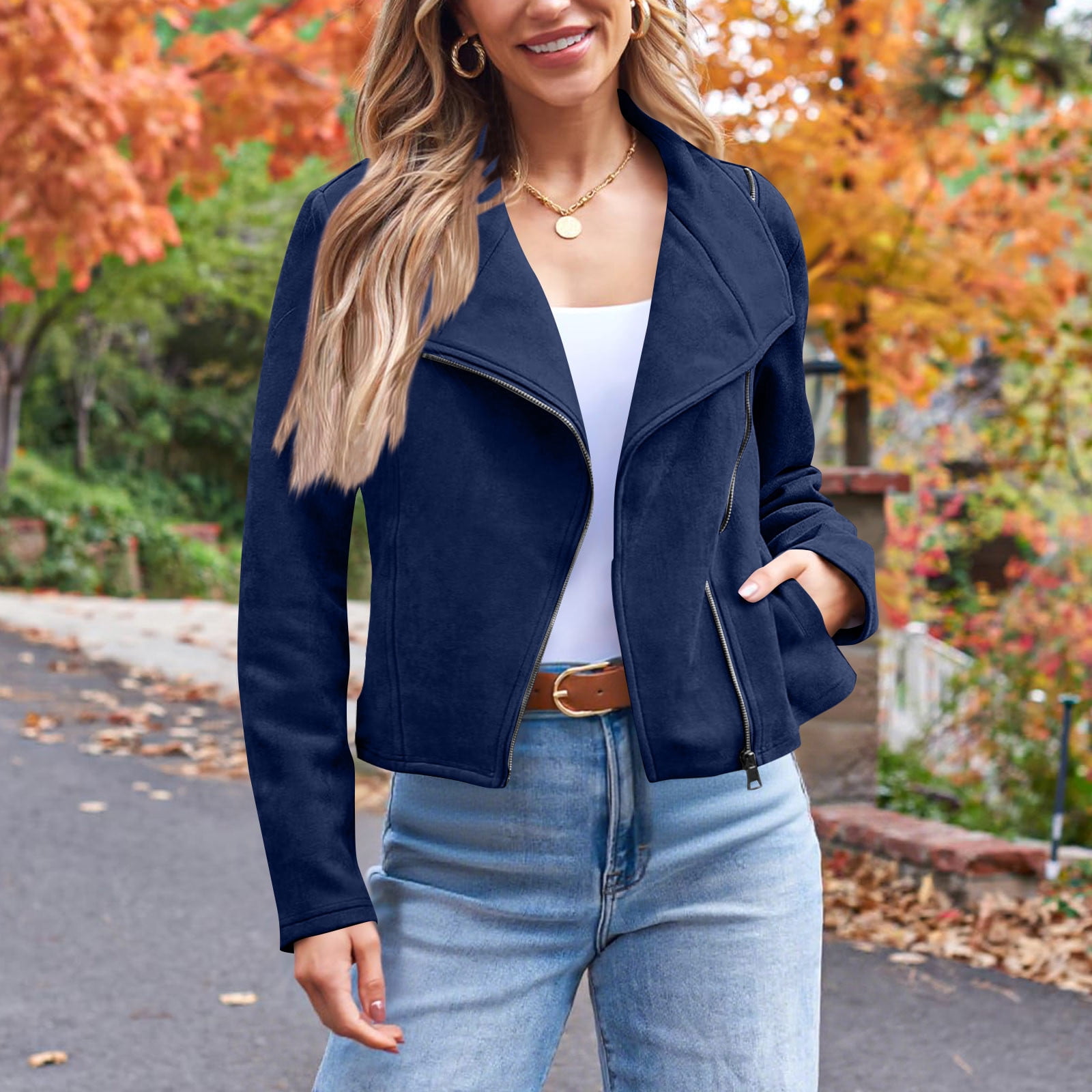 ClodeEU Womens Faux Leather Suede Jackets,Long Sleeve Casual Cropped Zipper Outwear ,Fall Fashion Cropped Coat Outwear Blue,Womens Plus XL