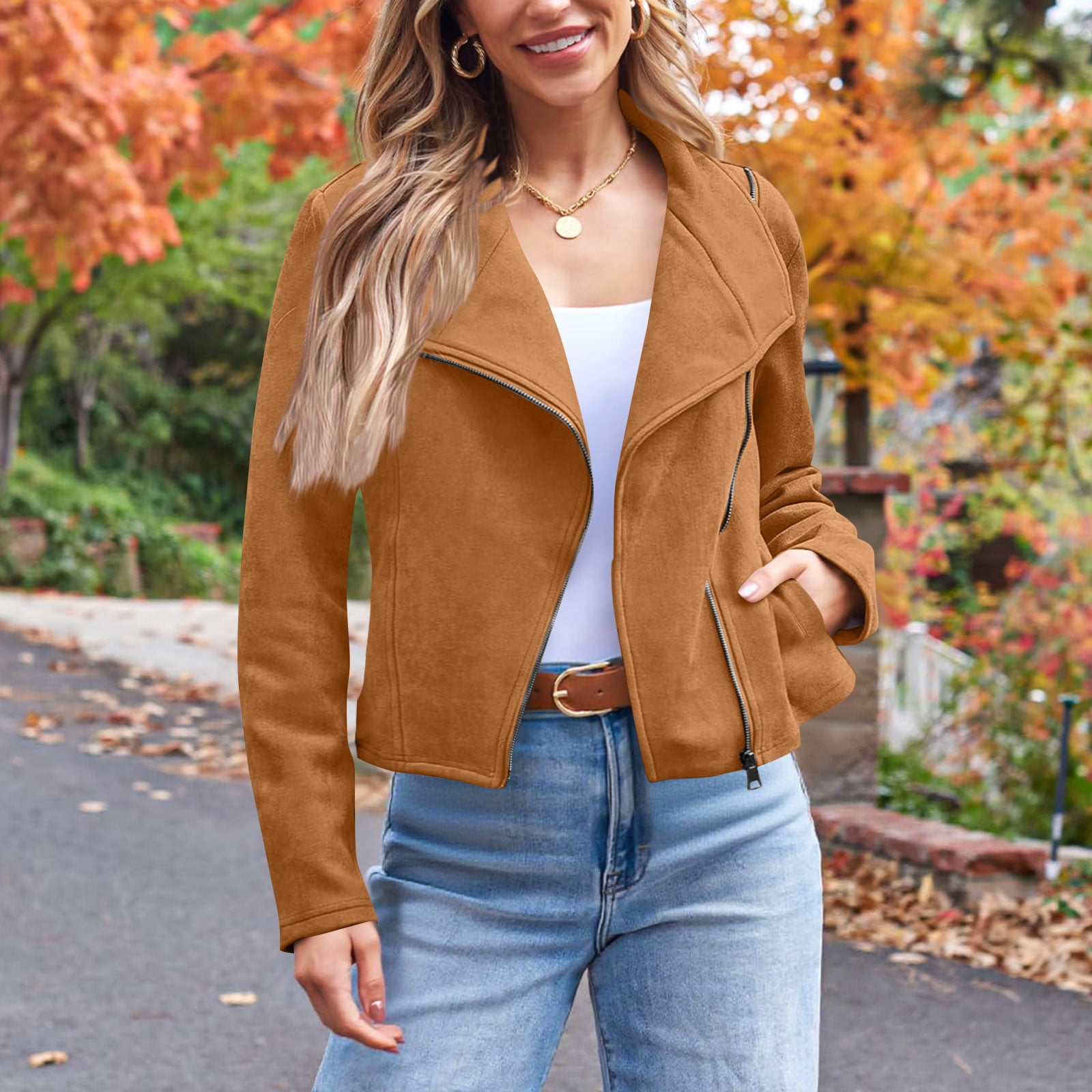 ClodeEU Womens Faux Leather Suede Jackets,Long Sleeve Casual Cropped Zipper Outwear ,Fall Fashion Cropped Coat Outwear Brown,Womens Plus XL