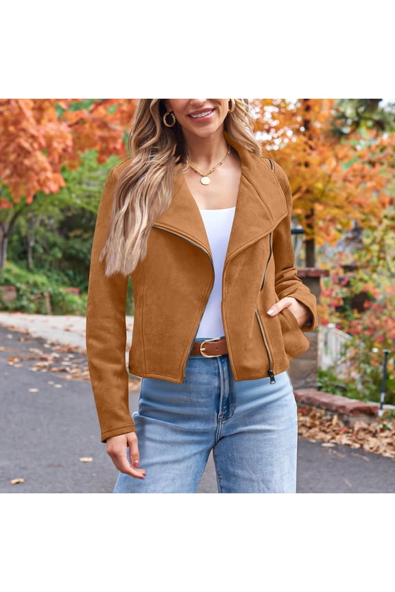 Womens Faux Leather Suede Jackets,Long Sleeve Casual Cropped Zipper Outwear ,Fall Fashion Cropped Coat Outwear Brown,Womens Plus XL