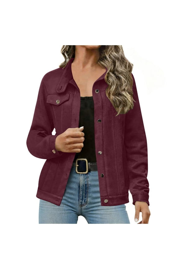Womens Faux Suede Jacket, Elegant Casual Fashion Slim Button Up Coat Wine,Womens Plus XL