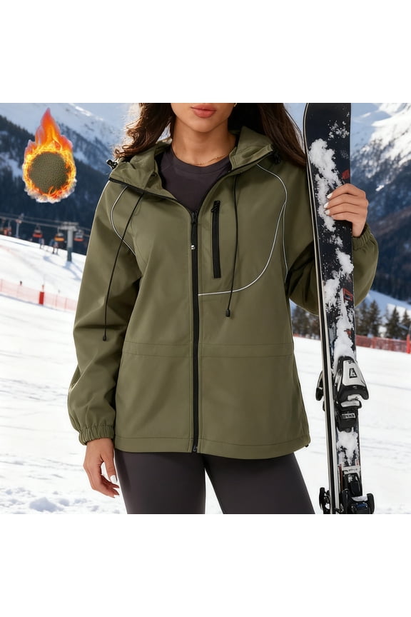 Womens Fleece Lined Rain Hooded Ski Jacket ,Fashion Windproo Water Resistant Zipper Jacket Army Green,Womens Plus XXL