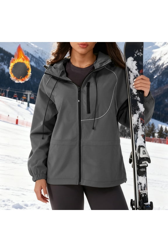 Womens Fleece Lined Rain Hooded Ski Jacket ,Fashion Windproo Water Resistant Zipper Jacket Gray,Womens Plus S