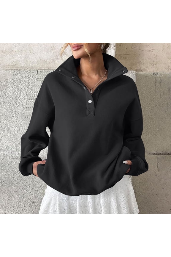 Womens Fleece Oversized Sweatshirts,Long Sleeve Half Snap Stand Collar Pullover Tops Black,Womens Plus XL